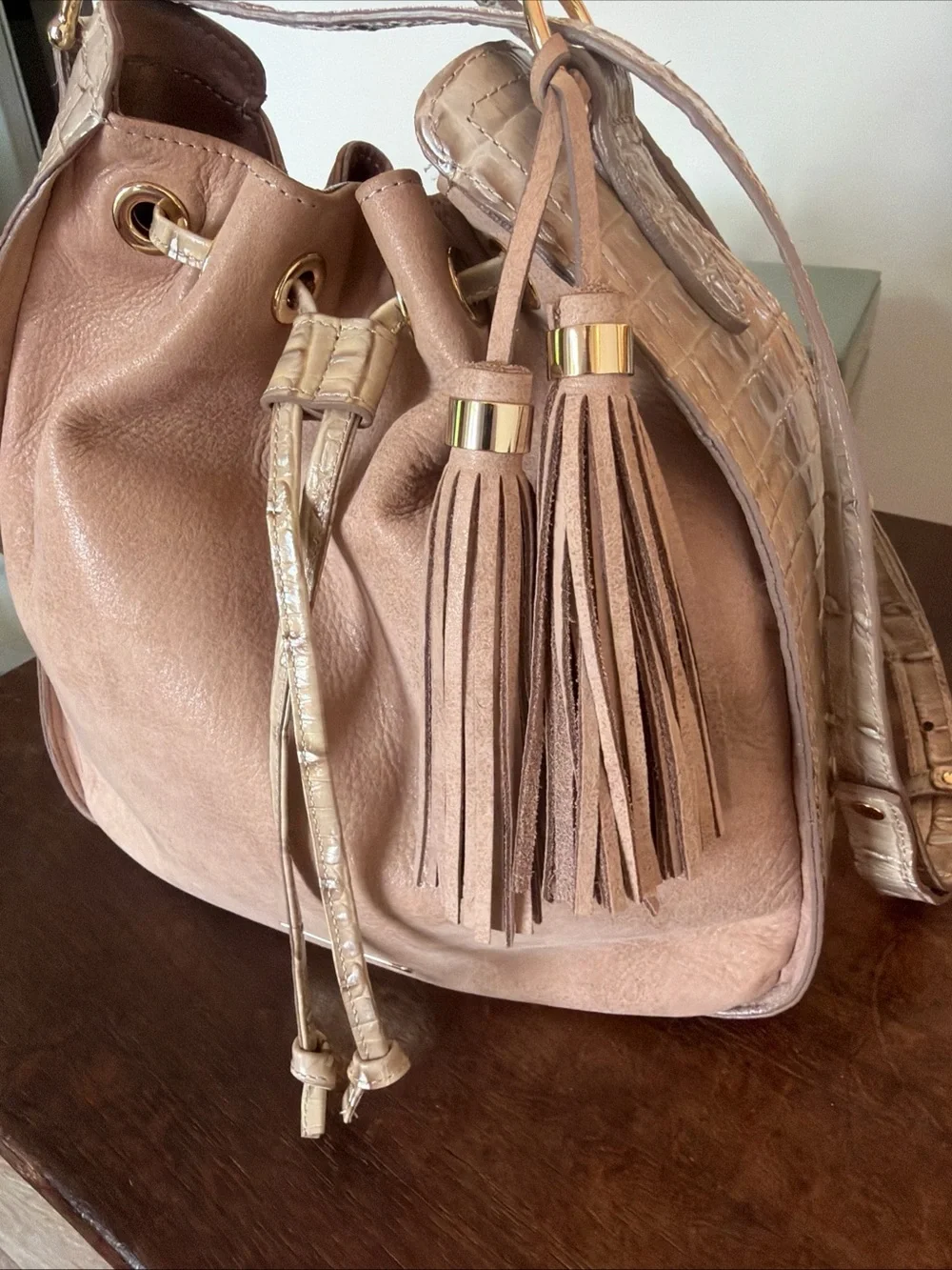 Brahmin Blush Taupe Drawstring Hobo Bucket Bag alligator embossed Tassel